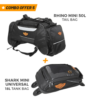 Combo 5: Rhino Mini 50L Tail Bag plus Shark Mini Universal 18L Tank Bag with Waterproof Rain Covers Included